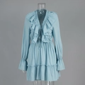 Detailed view of baby blue V-neck dress with ruffles, bell sleeves and drawstring front - S / Blue