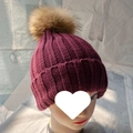 Chunky knit beanie hat in burgundy with a large fluffy fur pompom on top - Fuschia