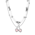 Double-layered necklace with silver metal chain, pearls and pink cherry heart pendants - Double Layer Silver Pearl Heart Cherry Necklace (0120)