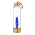 Hexagonal glass water bottle with natural blue crystal column and bamboo lid - Blue Smelted Stone