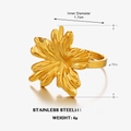 Minimalistischer, 18K vergoldeter Edelstahlring mit strukturiertem Fünfblatt-Blumenmotiv - Einstellbar Offen / Gold