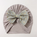 Detailed top view of lilac baby turban hat with a mint green gold foil polka dot bow - Gray
