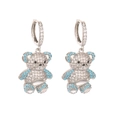 Detail of silver bear earrings with white zircon paving and blue gemstone accents - Silver Blue Zirconia Bear Earrings
