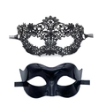 Elegant black lace phoenix mask set and glossy butterfly eye mask for masquerade parties - Black Flower Heart Lace Mask + Sleek Plastic Mask