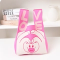 Pink and white knitted tote bag featuring a cartoon monkey design and LOVE handle - Pink White Heart Gesture