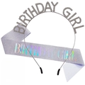 Birthday Girl crown headband and glittery purple sash set for kids birthday celebration - Silver Holographic Set
