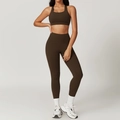 Women's deep coffee yoga set with high waist compression leggings and sports bra vest - S / Top And Bottom / Coffee