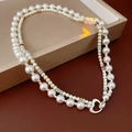Double-layered pearl necklace with silver heart clasp on a premium golden gift box - Silver White Double Pearl Heart Buckle Necklace