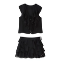 Women's black two-piece boho set featuring ruffled chiffon sleeveless top and layered skirt - XS / Black