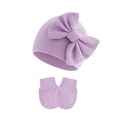 Detailed view of purple knit baby hat with bow and matching anti-scratch mittens - Light Purple