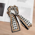 Checkerboard pattern ribbon scrunchie with black white and camel geometric design - Black Orange Plaid
