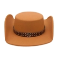 Sombrero vaquero clásico de fieltro marrón con ala ancha y banda decorativa de cuero - Talla única / Camel