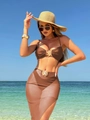 Detail of the brown mesh sarong and gold starfish metal buckle on this three-piece bikini set - S / Coffee