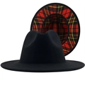 Detail view of black wool fedora featuring a vibrant red plaid pattern under the brim - M (56-58cm) / Black Spliced Scottish Red Plaid (07)