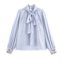 Elegant light blue long sleeve satin shirt with floral jacquard and bow tie collar - XS / Light Blue