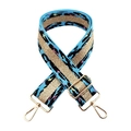 Close-up of blue leopard print strap with gold thread details and metal buckles - Blue Gold Buckle