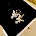 Elegant gold butterfly earrings with white enamel wings and hanging pearl drops - 25# Gold & White Butterfly Ear Buckle