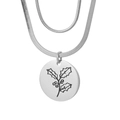 Collier double couche en maille serpent argentée avec pendentif rond gravé houx - Décembre-Argent (Narcisse)
