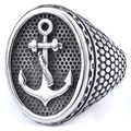 Anillo de sello retro para hombre de acero inoxidable con ancla sobre fondo de panal - Talla US 9 / Color Acero (18105)