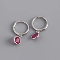 Detail view of S925 sterling silver hoop earrings with oval fuchsia zircon pendants - 925 Silver / Ruby Red (Silver)