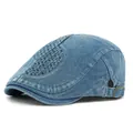Classic washed blue denim flat cap with vintage metal buckle and jacquard detailing - Adjustable / Medium Blue
