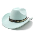 Detailed view of light blue suede cowboy hat with vintage bronze bull head emblem - M (56-59cm) / Light Green Suede