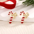 Festive Christmas candy cane stud earrings with red and white oil drip and golden bow - Red Bow Candy Cane (EAR0050)