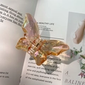 Iridescent orange-pink butterfly hair claw clip with aurora coating on a magazine - Iridescent Orange