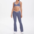 Detail of smog blue yoga set with U-neck sports bra and V-cross high waist flared pants - Blue Gray