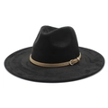 Klassieke zwarte suède fedora hoed met brede rand en bruine leren decoratieriem - M (56-59cm) / Zwart Suède