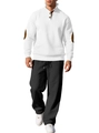 Men's two-piece set featuring white ribbed knit zip sweater and black casual pants - White + Black