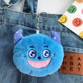 Blue plush monster coin purse keychain with soft fur and embroidered smiling face - Little Monster Coin Purse - Blue