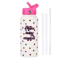 White 1L stainless steel sports bottle with pink straw lid and star patterns - Ivory White 23K