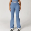 Women's flared yoga pants in dusty blue with high waist and white contrast trim detail - Haze Blue