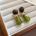Retro 14K gold plated earrings with brown wood beads and translucent green resin charms - Color Block Wood Resin (69#)