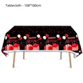 108x180cm Birthday tablecloth in black and red with balloons, gifts, and fireworks design - Black & Red Tablecloth