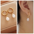 Detail view of gold hoop pearl earrings with model showcase and white drop pearl charm - 13# Teardrop Pearl Hoop