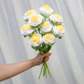 Handmade crochet bouquet with white and yellow knit roses and green stems - Gradient Yellow