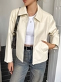 Chaqueta minimalista de cuero sintético beige con solapa y cremallera para otoño mujer - S / Blanco Roto