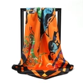 Vibrant orange satin square scarf with black borders and equestrian horse patterns - Carriage Master Orange (SD90-13-2)
