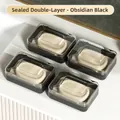 Set of 4 obsidian black soap boxes with transparent lids and drainage layers - Double Layer Sealed / Obsidian Black