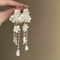 Elegant white flower tassel earrings with gold chain and pearls for a sweet aesthetic - 44# Silver Earring Post - White - Flower Tassel