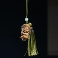 Handcrafted wooden Buddha pendant with green tassel and jade bead decorative ornament - Approx. 4.3x2.3cm / Green Sandalwood Tara Style - No Aroma Pill