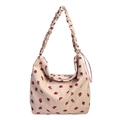 Corduroy shoulder bag with strawberry print and trendy pleated scrunchie strap design - Pink