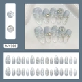 Uñas postizas degradado azul con mariposas 3D, cristales y perlas estilo stiletto - MY306 Glaseado Frío (Tipo Pegamento)