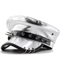 Punk style silver metallic flat top military cap with studded leather band and metal rings - One Size / Silver