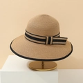 Detailed straw sun hat texture with elegant black ribbon bow on a display stand - Adult 55-58cm / Contrast Trim Style / Khaki