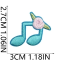Detailed size view of blue musical note embroidery patch with pink flower and dimensions - Blue Floral Music Note Style (22号)
