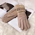 Women's khaki faux suede winter gloves with plush fleece cuffs and metal buckle detail - Belt Buckle Style / Apricot