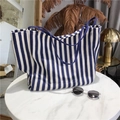 Retro blue and white striped canvas tote bag with large capacity and rope handles - Blue Stripe